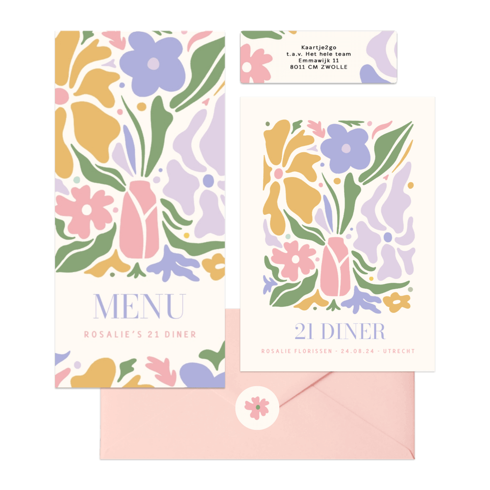 Trendy kaartenset 21 diner met pastel bloemen