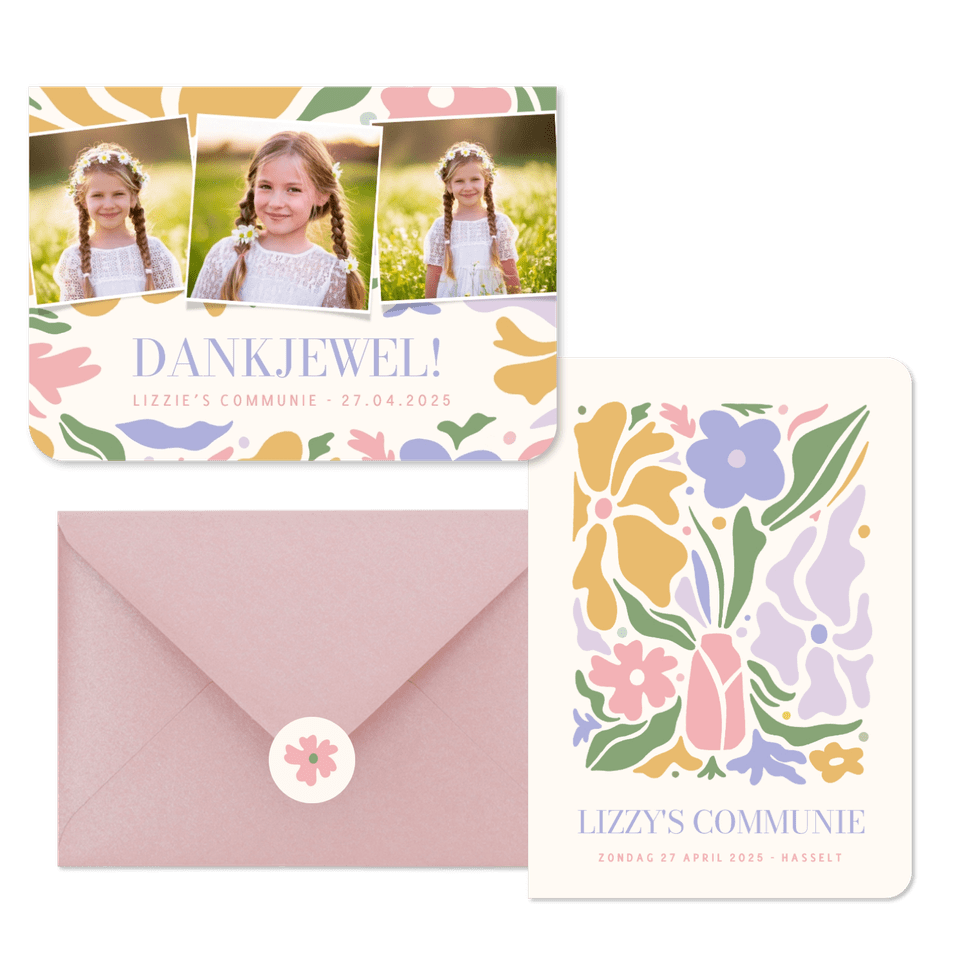 Trendy communieset meisje met pastel bloemen