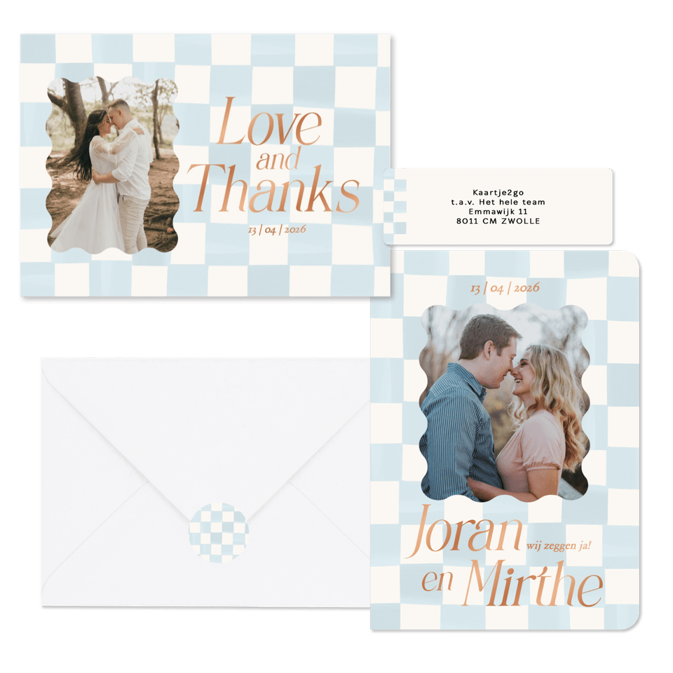 Trendy trouwset met lichtblauwe blokjes en koperfolie