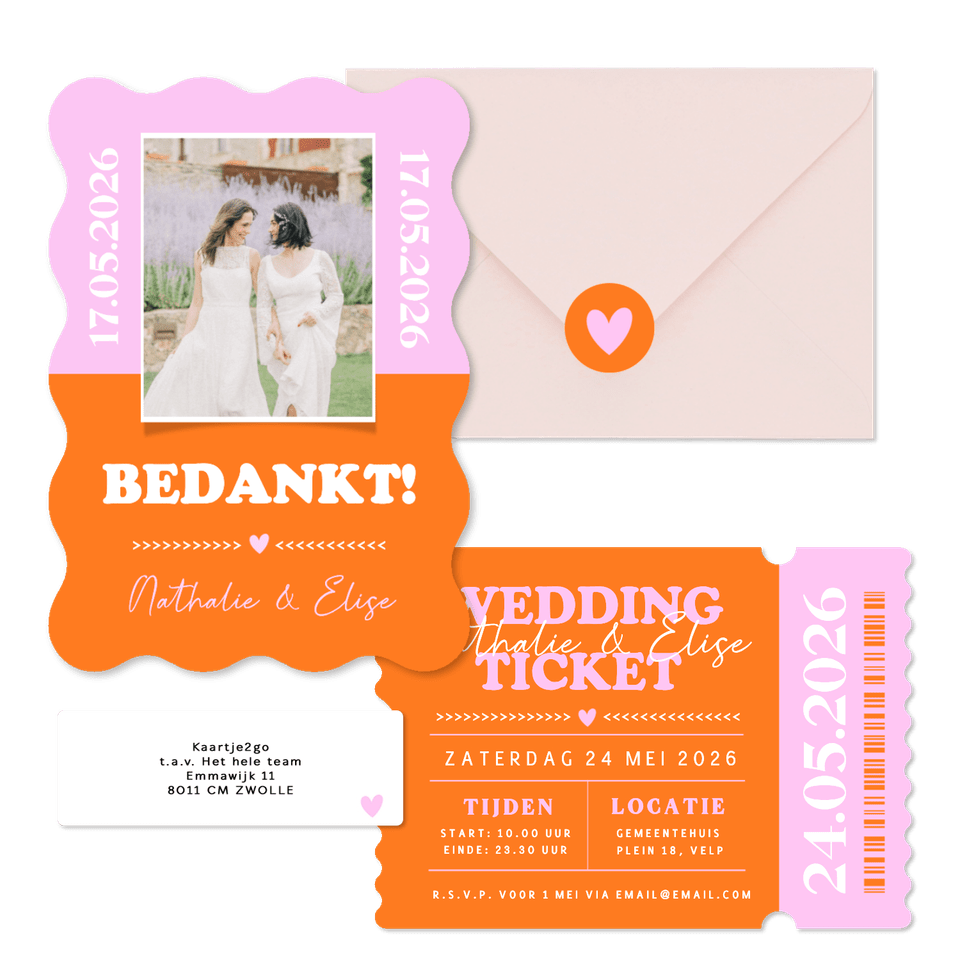 Vrolijke colorblocking trouwset oranje roze