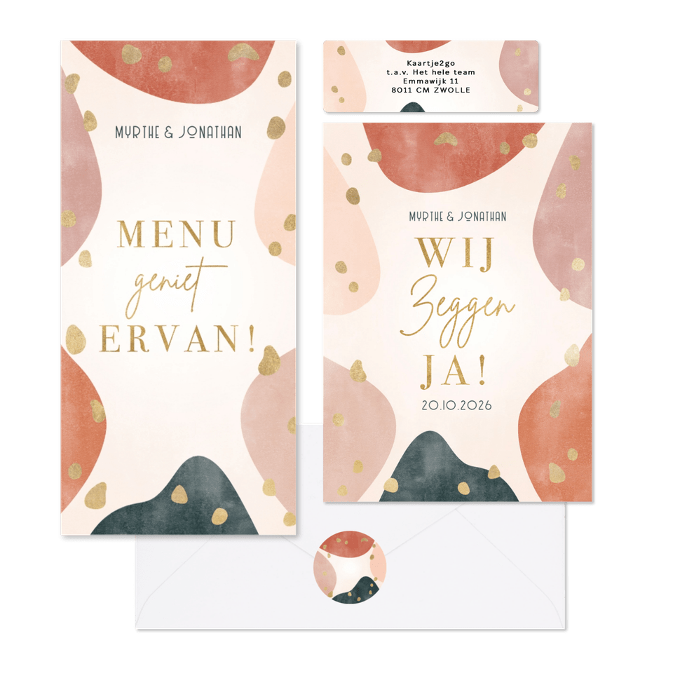 Hippe trouwset met golvende vormen en goud