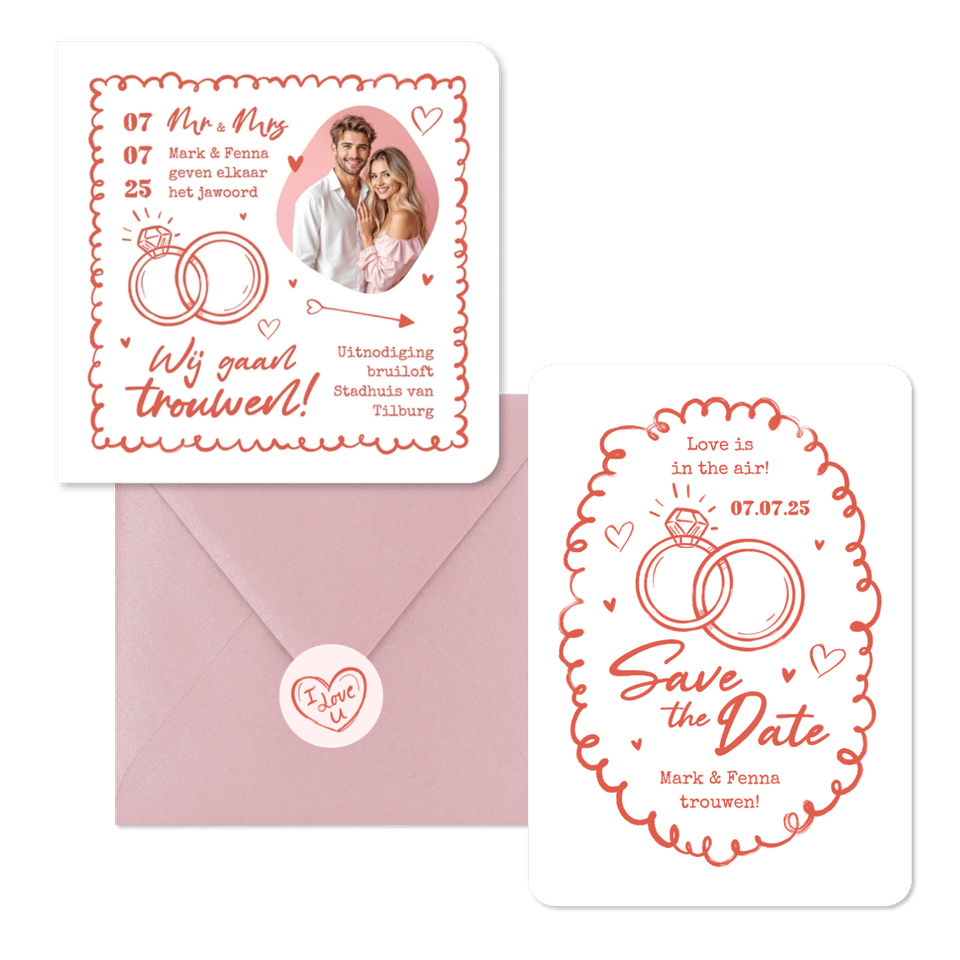 Trouwkaarten hip romantisch doodle illustraties roze