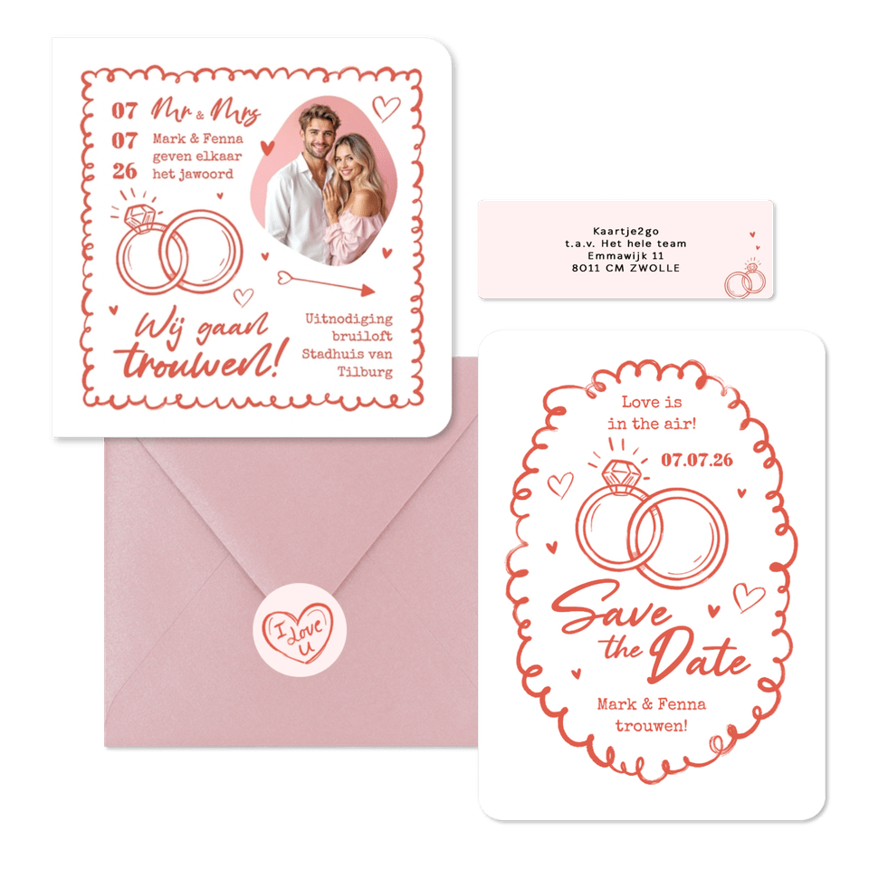 Trouwkaarten hip romantisch doodle illustraties roze