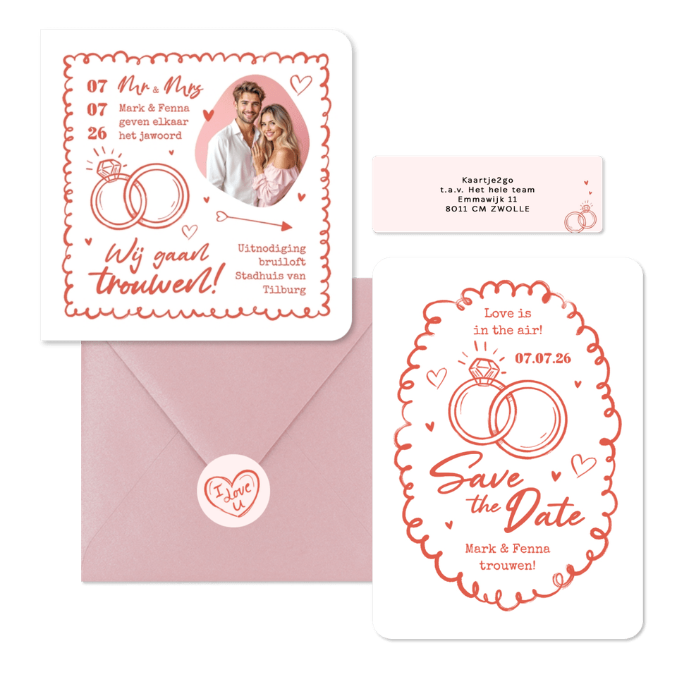 Trouwkaarten hip romantisch doodle illustraties roze