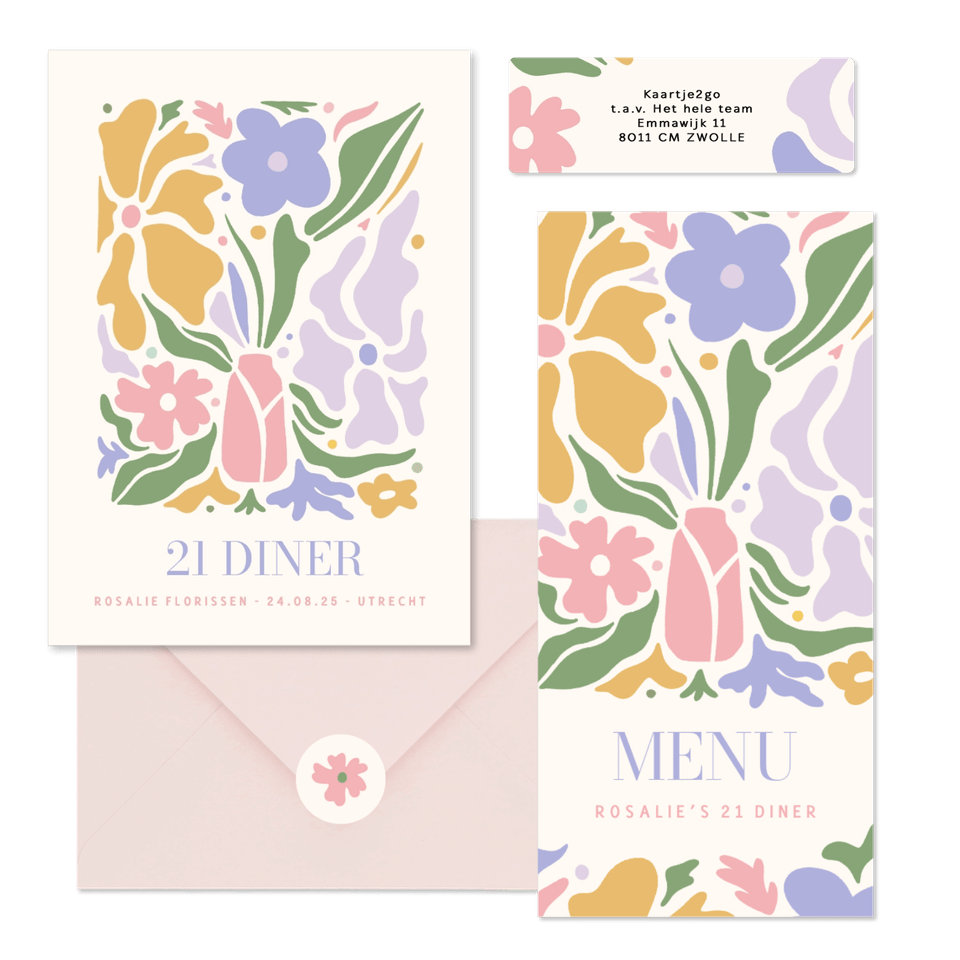 Trendy kaartenset 21 diner met pastel bloemen