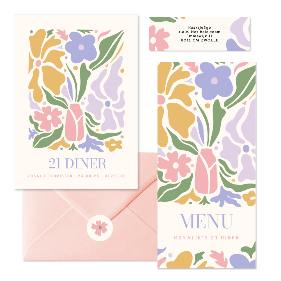 Trendy kaartenset 21 diner met pastel bloemen