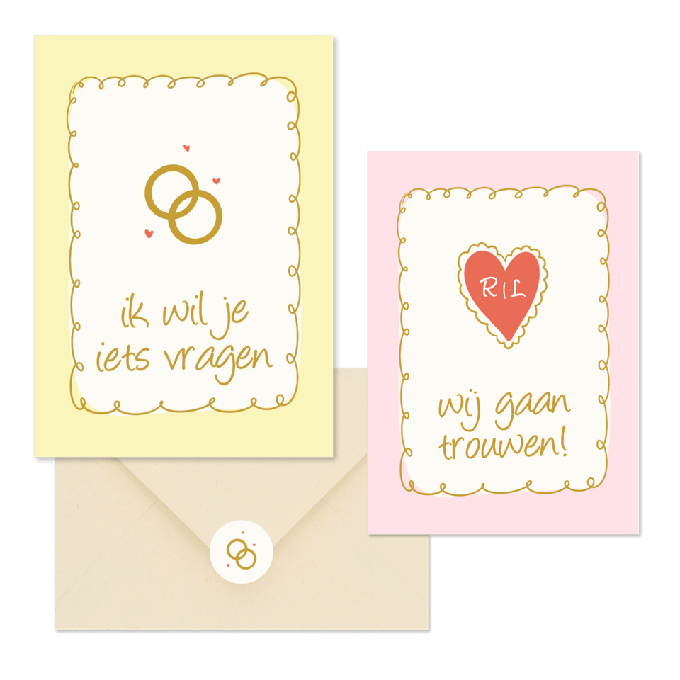 Vrolijke trouwkaartenset met doodle illustraties