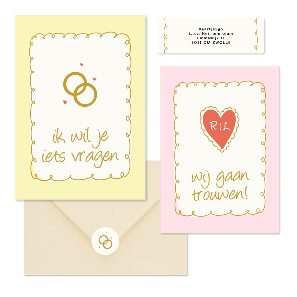 Vrolijke trouwkaartenset met doodle illustraties