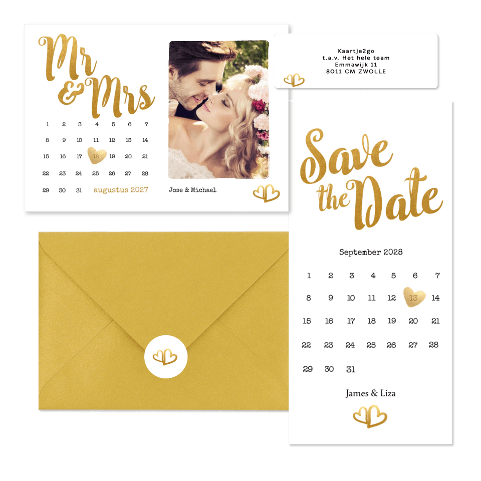 Trouwset met gouden typografie en kalenders