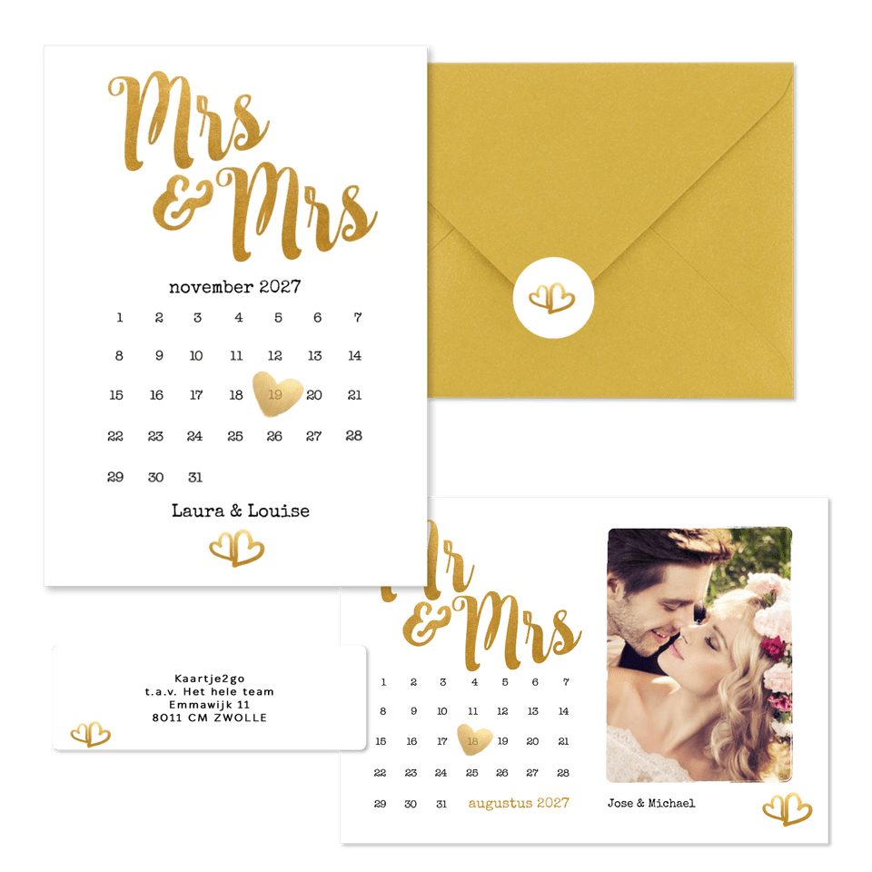 Trouwset met gouden typografie en kalenders