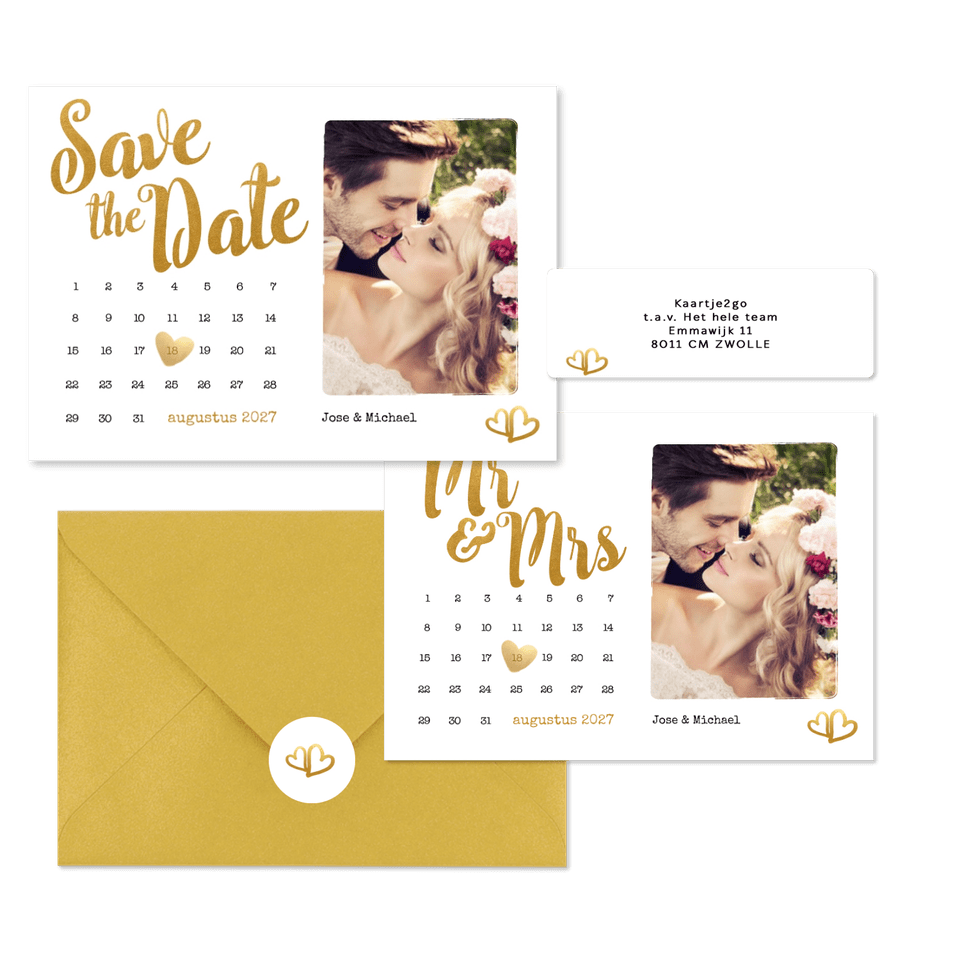 Trouwset met gouden typografie en kalenders