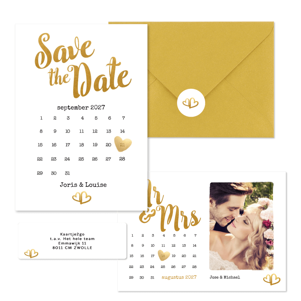 Trouwset met gouden typografie en kalenders