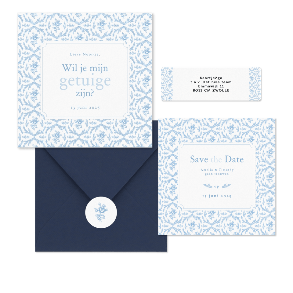 Romantische trouwkaartenset met lichtblauw roosjes patroon