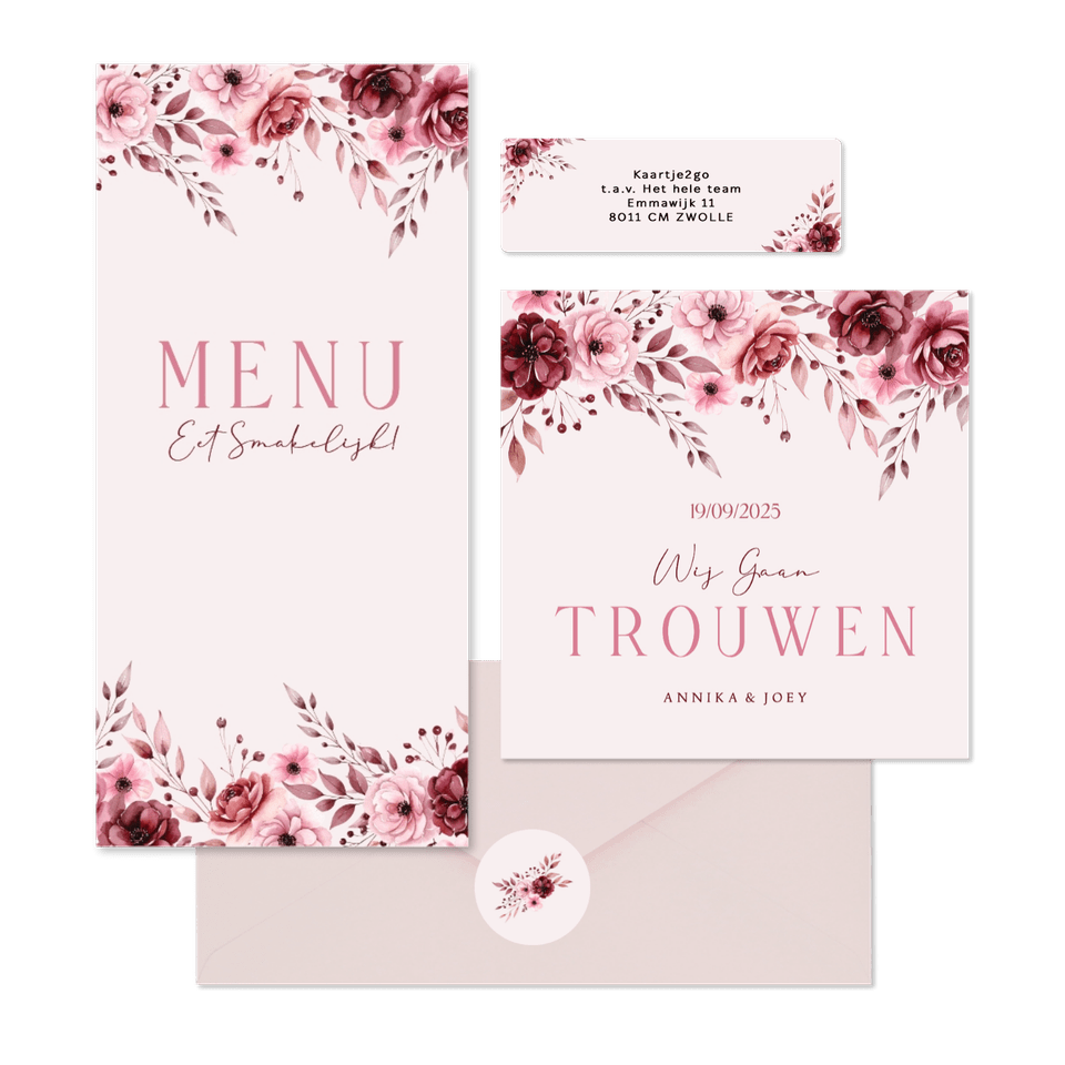 Klassieke trouwkaartenset in roze met aquarel rozen