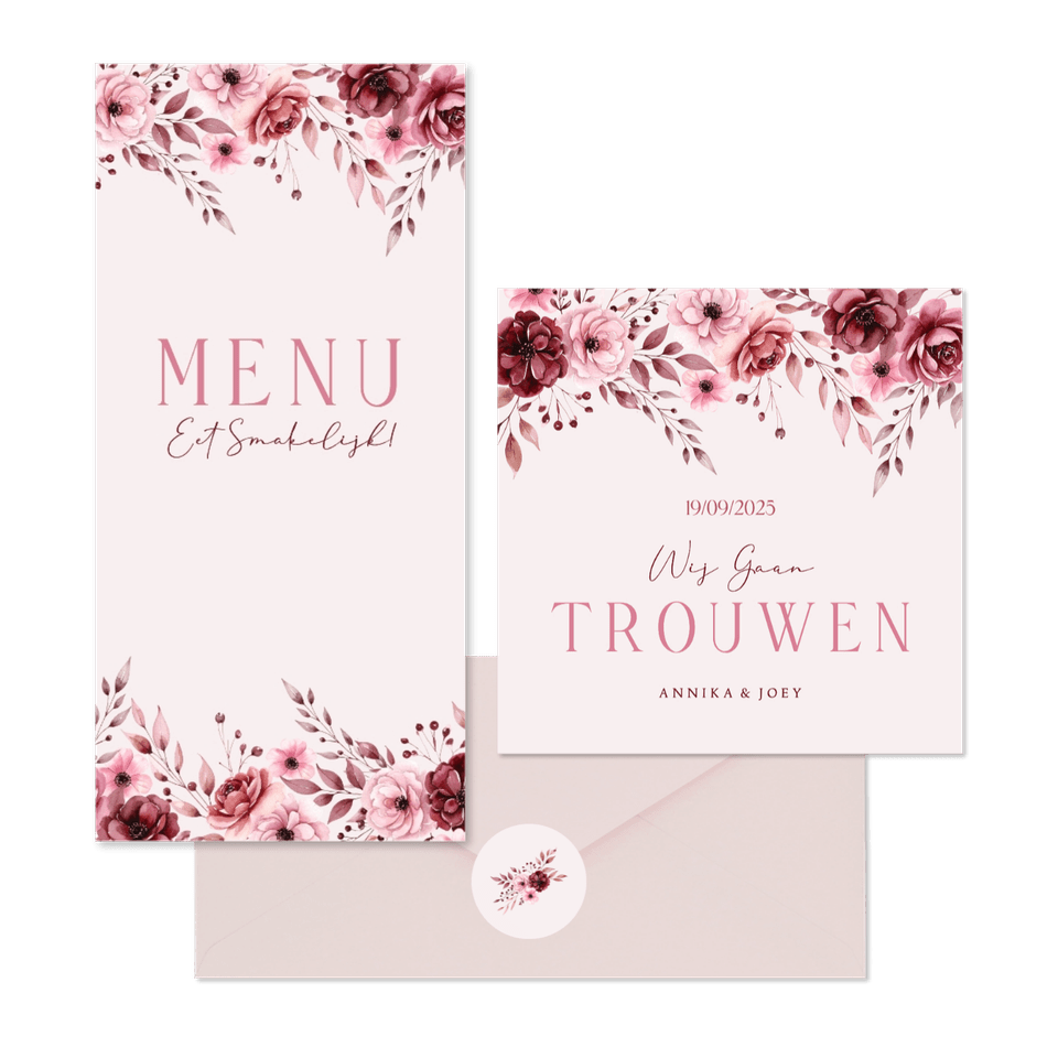 Klassieke trouwkaartenset in roze met aquarel rozen
