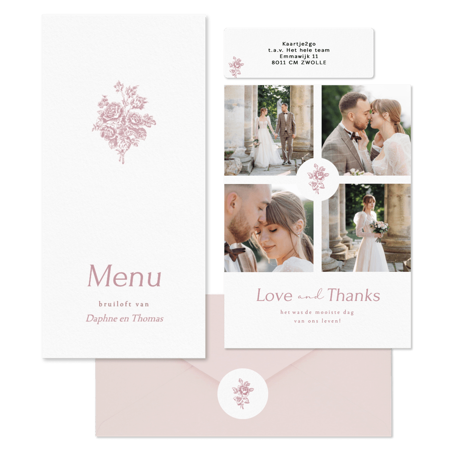 Klassieke trouwset met vintage roze boeket met rozen