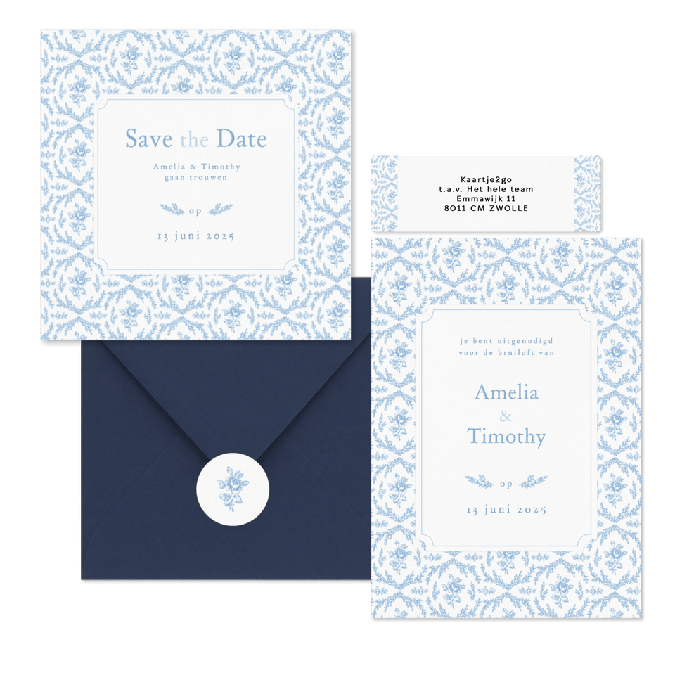 Romantische trouwkaartenset met lichtblauw roosjes patroon