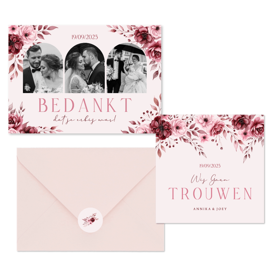 Klassieke trouwkaartenset in roze met aquarel rozen