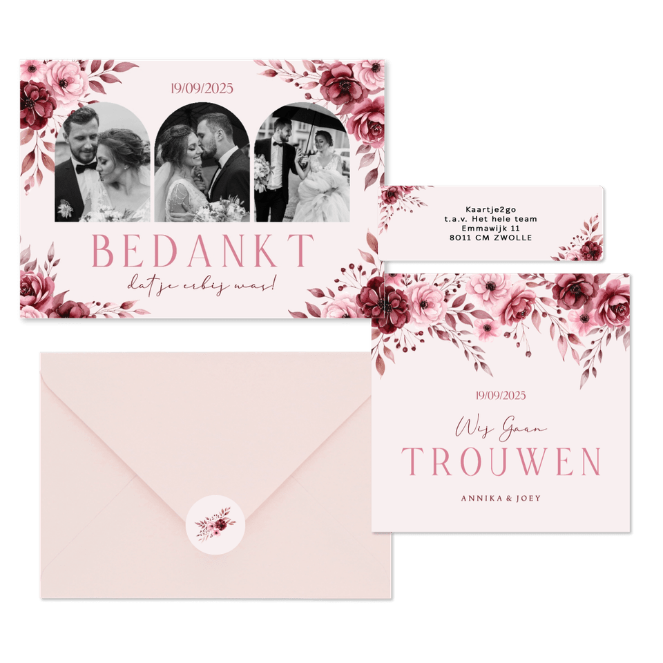 Klassieke trouwkaartenset in roze met aquarel rozen