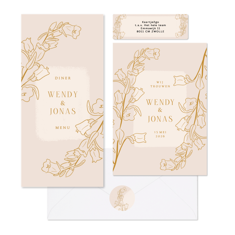 Beige set met lijnillustratie van bloemen