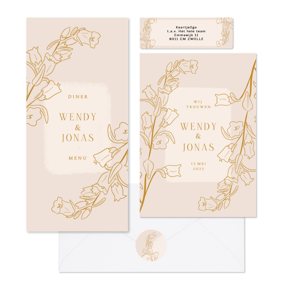 Beige set met lijnillustratie van bloemen