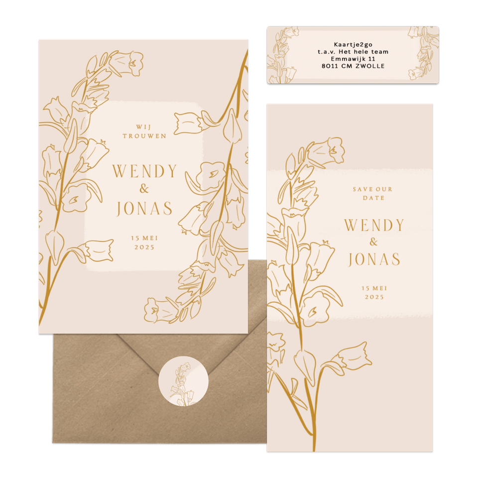 Beige set met lijnillustratie van bloemen