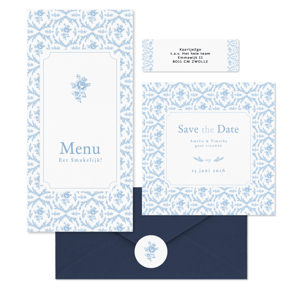 Romantische trouwkaartenset met lichtblauw roosjes patroon