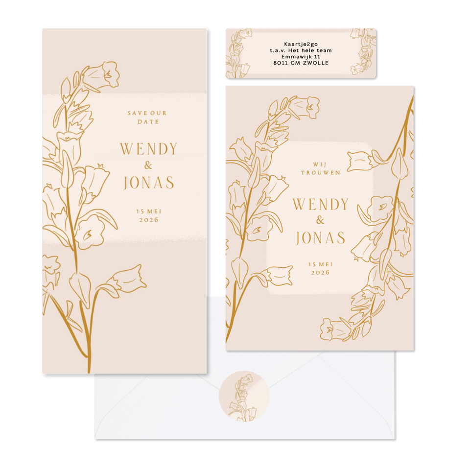 Beige set met lijnillustratie van bloemen