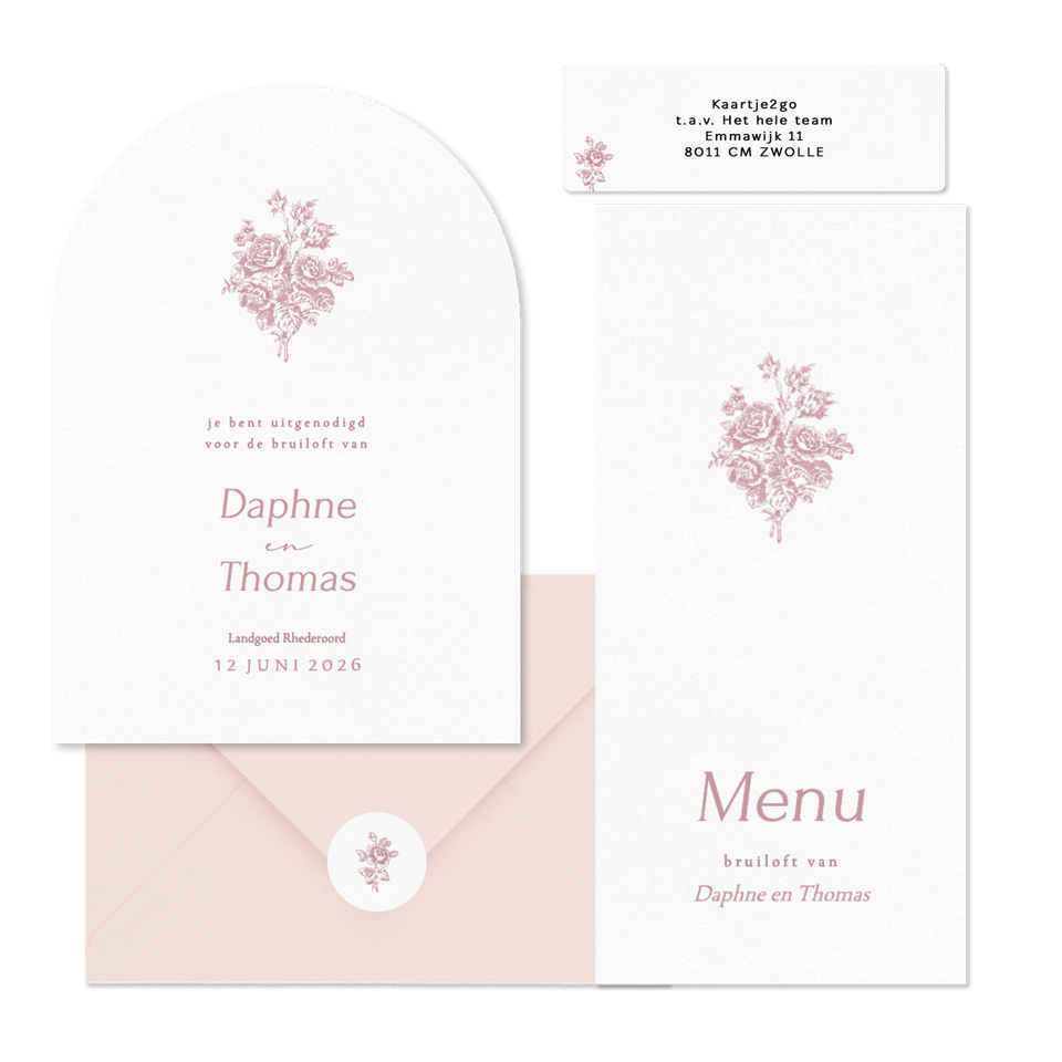 Klassieke trouwset met vintage roze boeket met rozen