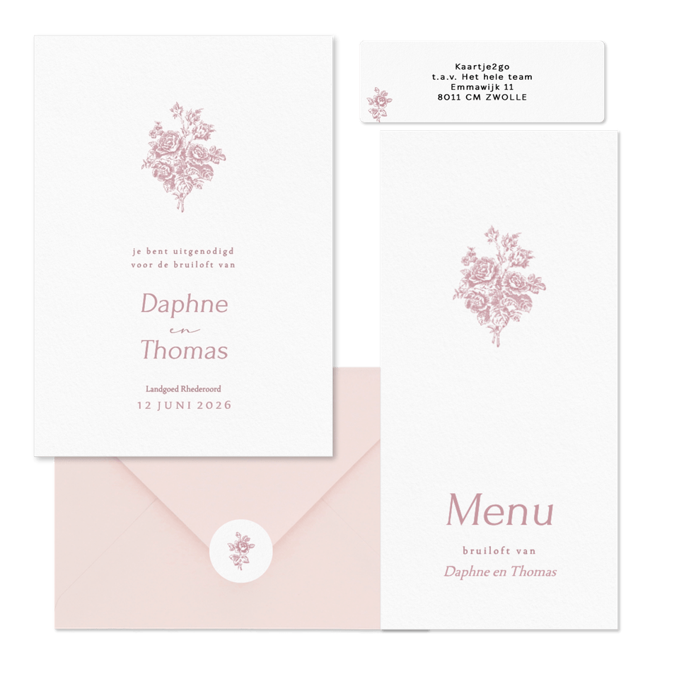 Klassieke trouwset met vintage roze boeket met rozen