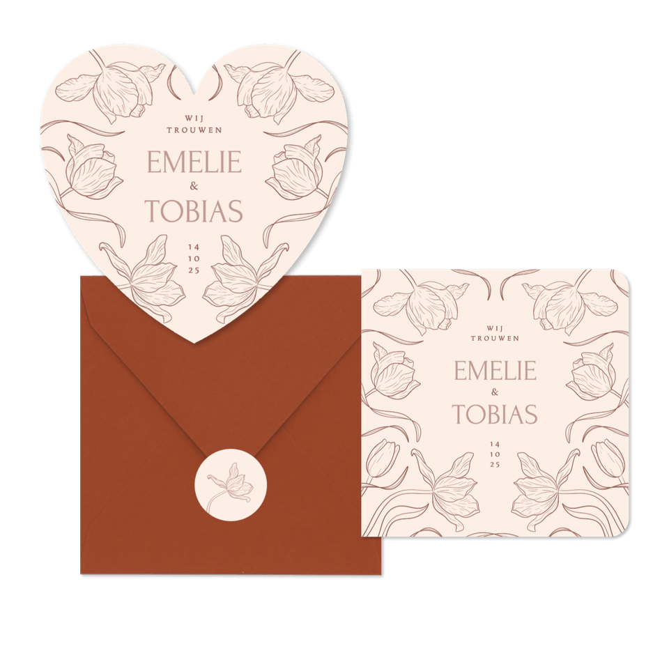 Klassieke trouwkaartenset met art deco tulpen beige