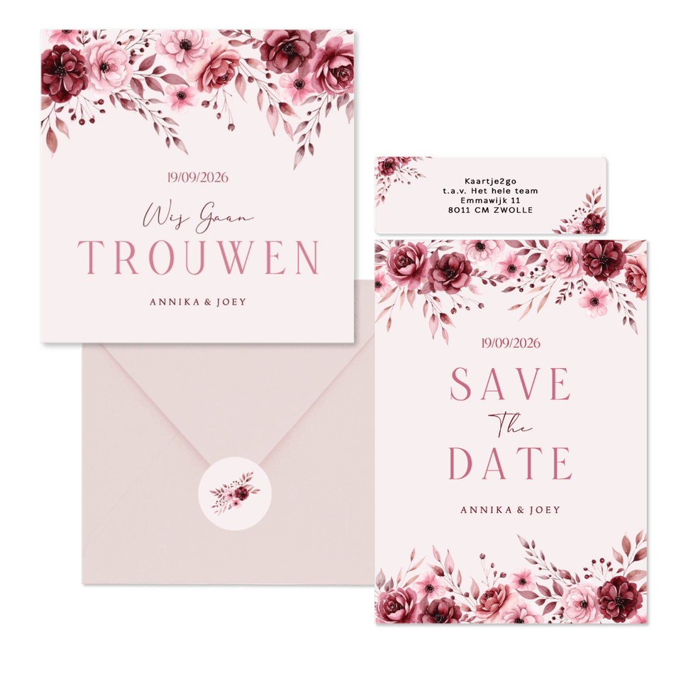 Klassieke trouwkaartenset in roze met aquarel rozen