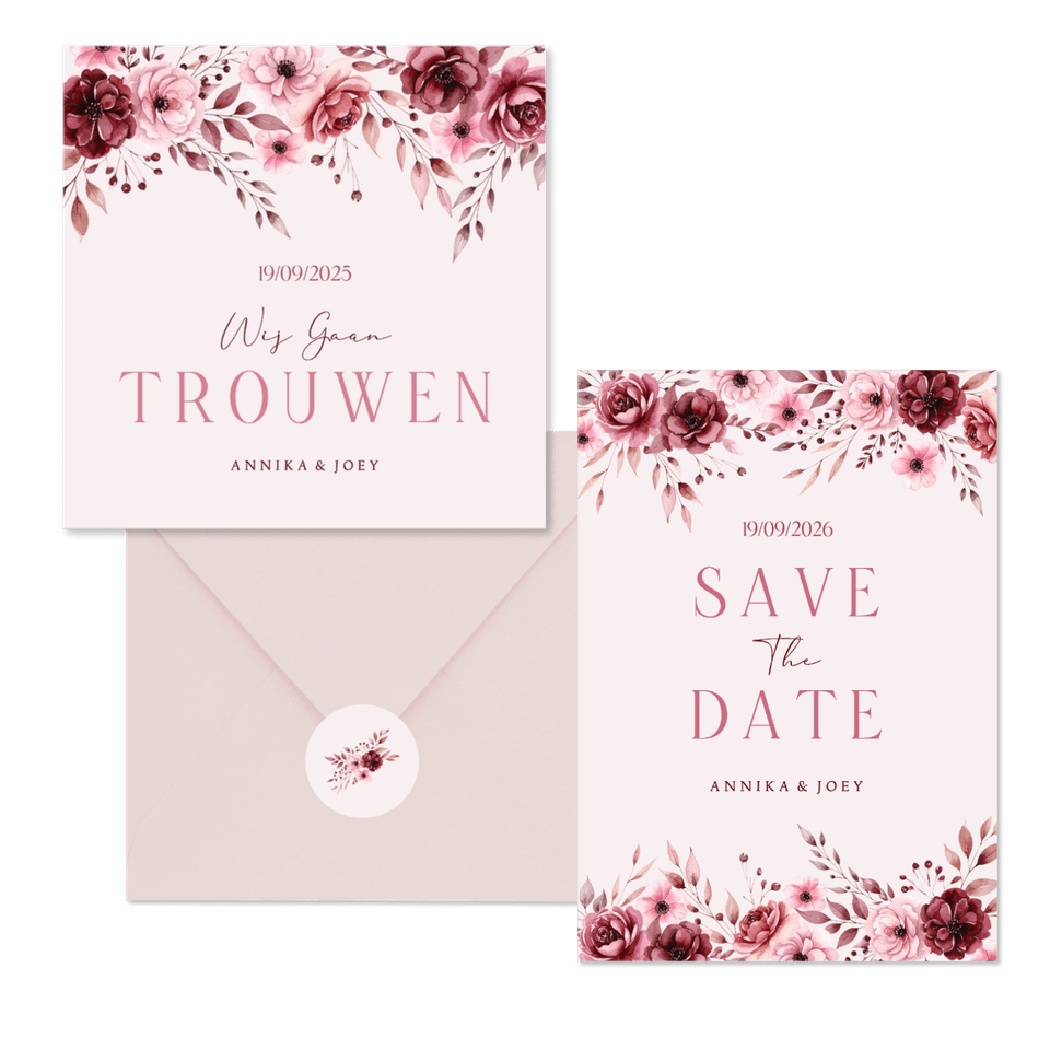 Klassieke trouwkaartenset in roze met aquarel rozen