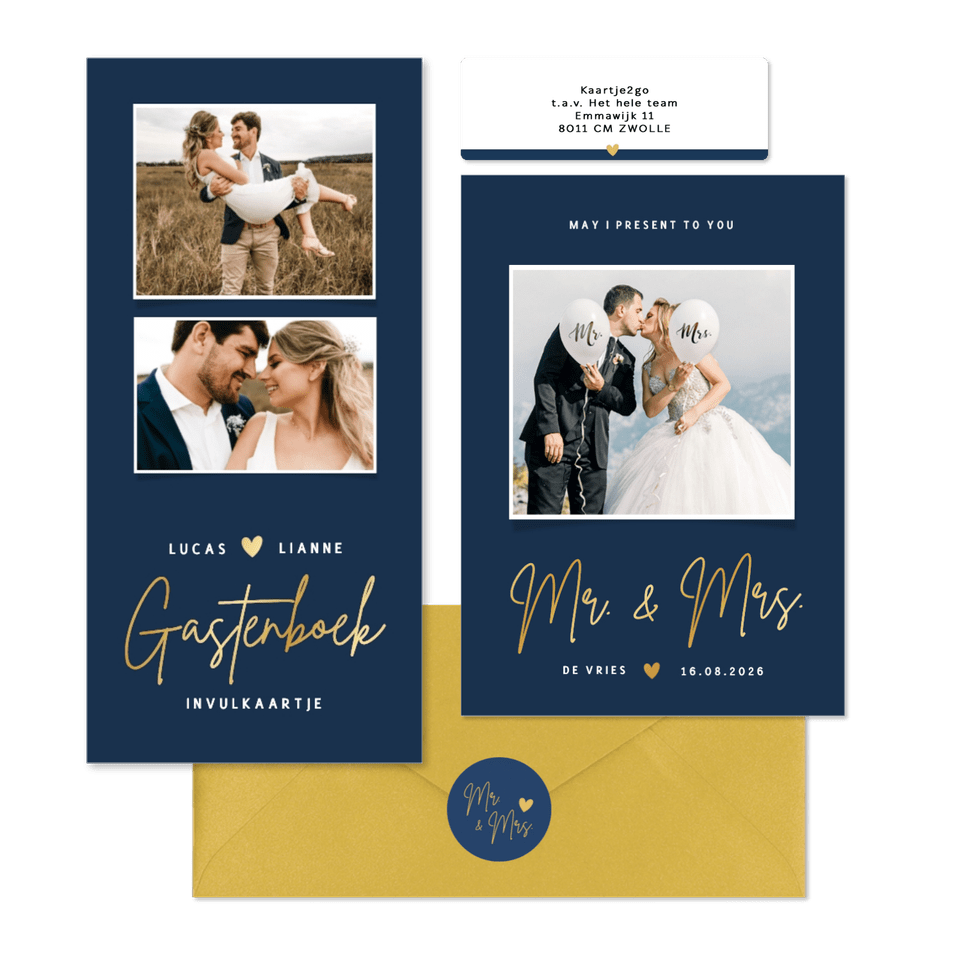 Eenvoudige donkerblauwe trouwset met goud