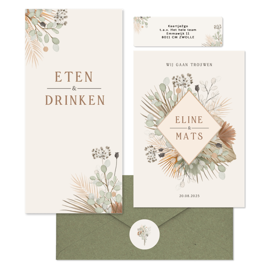 Trouwset bohemian met droogbloemen