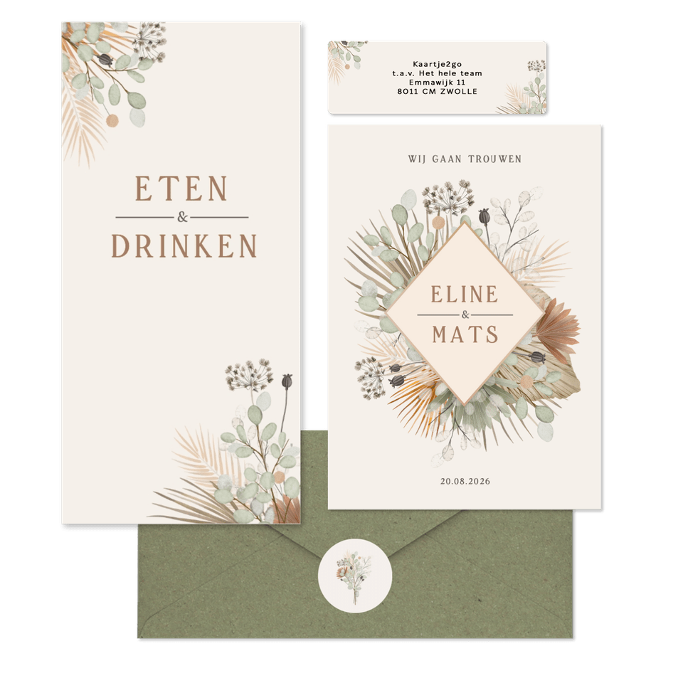 Trouwset bohemian met droogbloemen