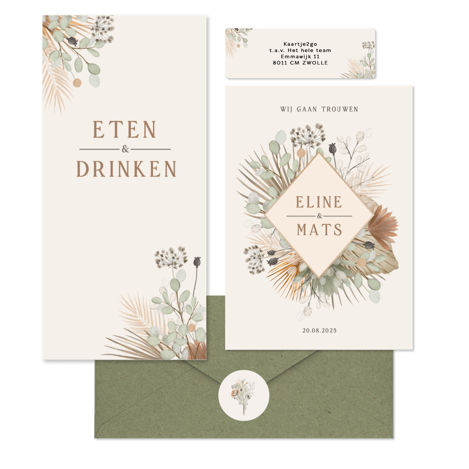 Trouwset bohemian met droogbloemen