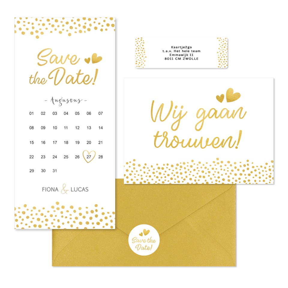 Witte trouwkaarten set met gouden stipjes