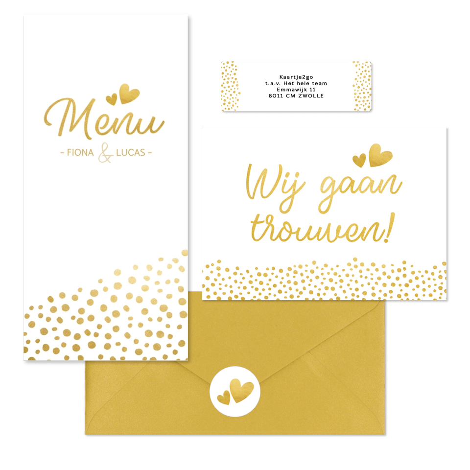 Witte trouwkaarten set met gouden stipjes 