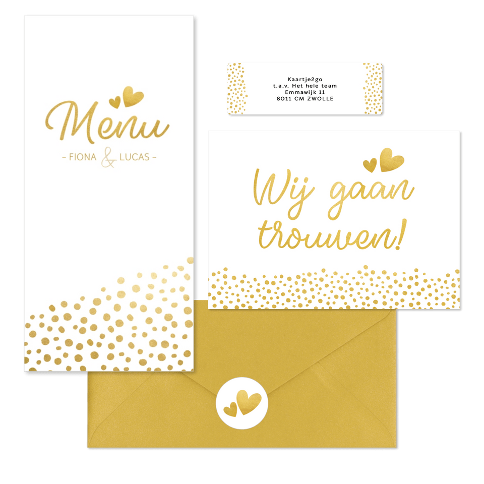 Witte trouwkaarten set met gouden stipjes 