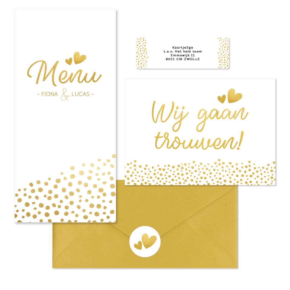 Witte trouwkaarten set met gouden stipjes