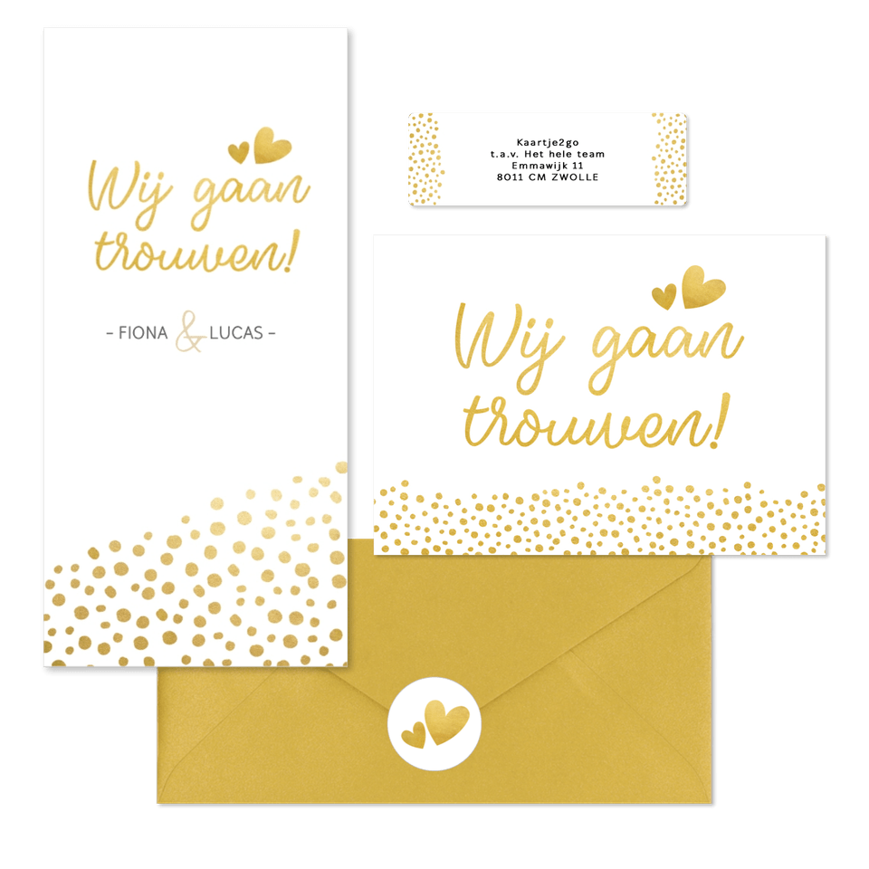 Witte trouwkaarten set met gouden stipjes