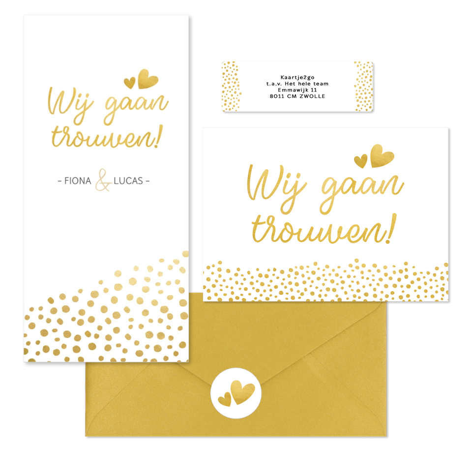 Witte trouwkaarten set met gouden stipjes 