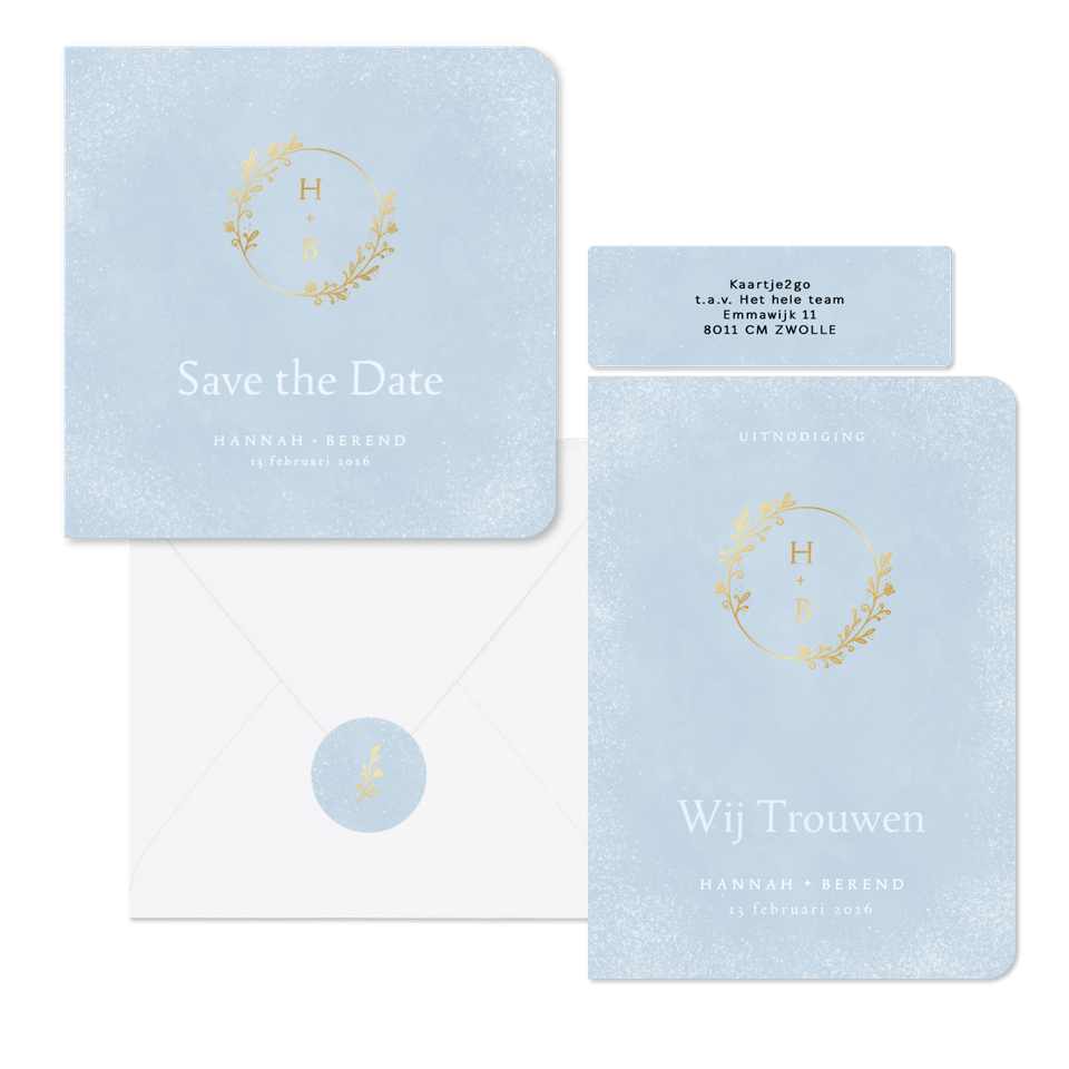 Trouwset winter blauw met ornament, initialen