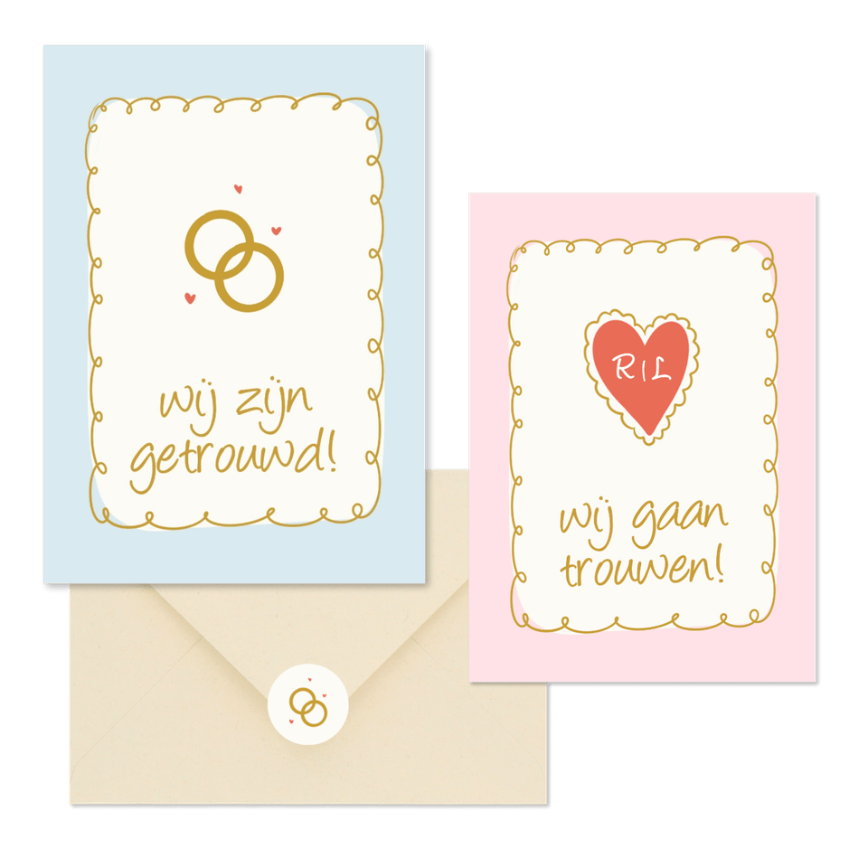 Vrolijke trouwkaartenset met doodle illustraties