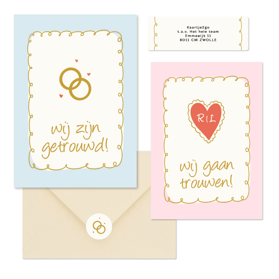 Vrolijke trouwkaartenset met doodle illustraties