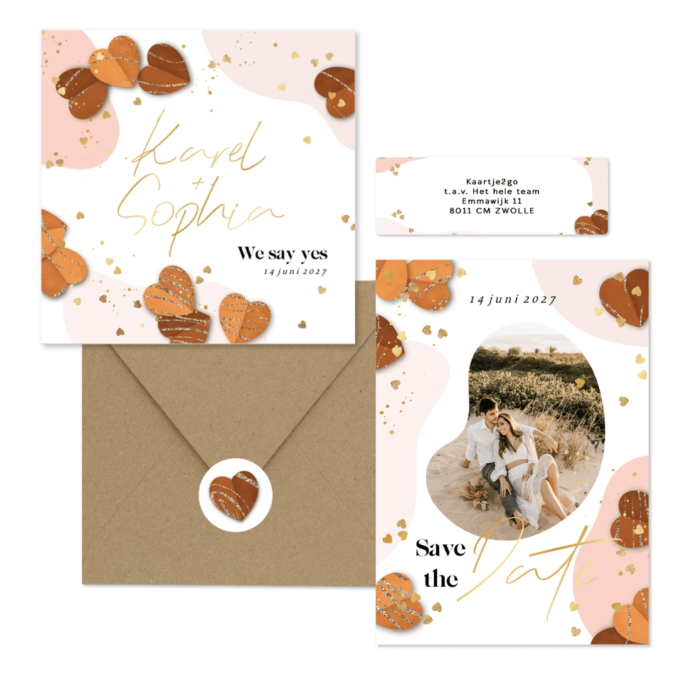 Trouwset organisch, warme tinten en hartjes