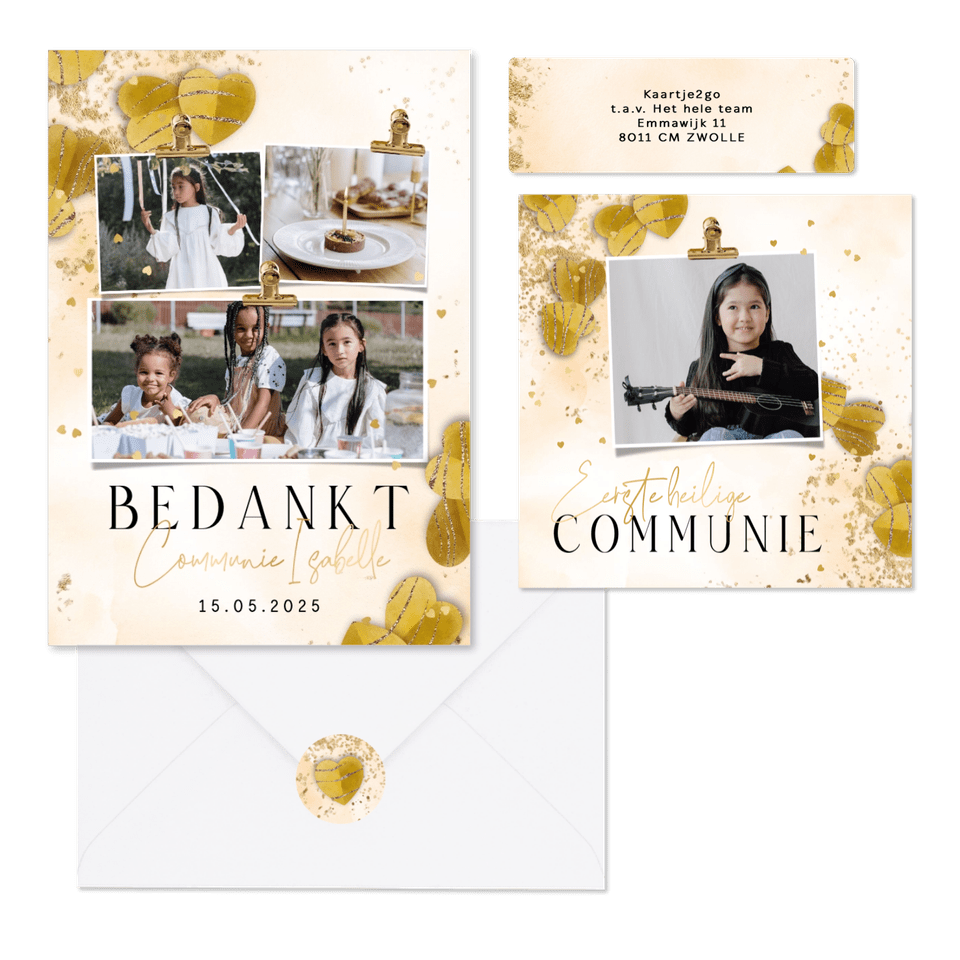 Stijlvolle set communiekaarten harten watercolour goud hartjesconfetti