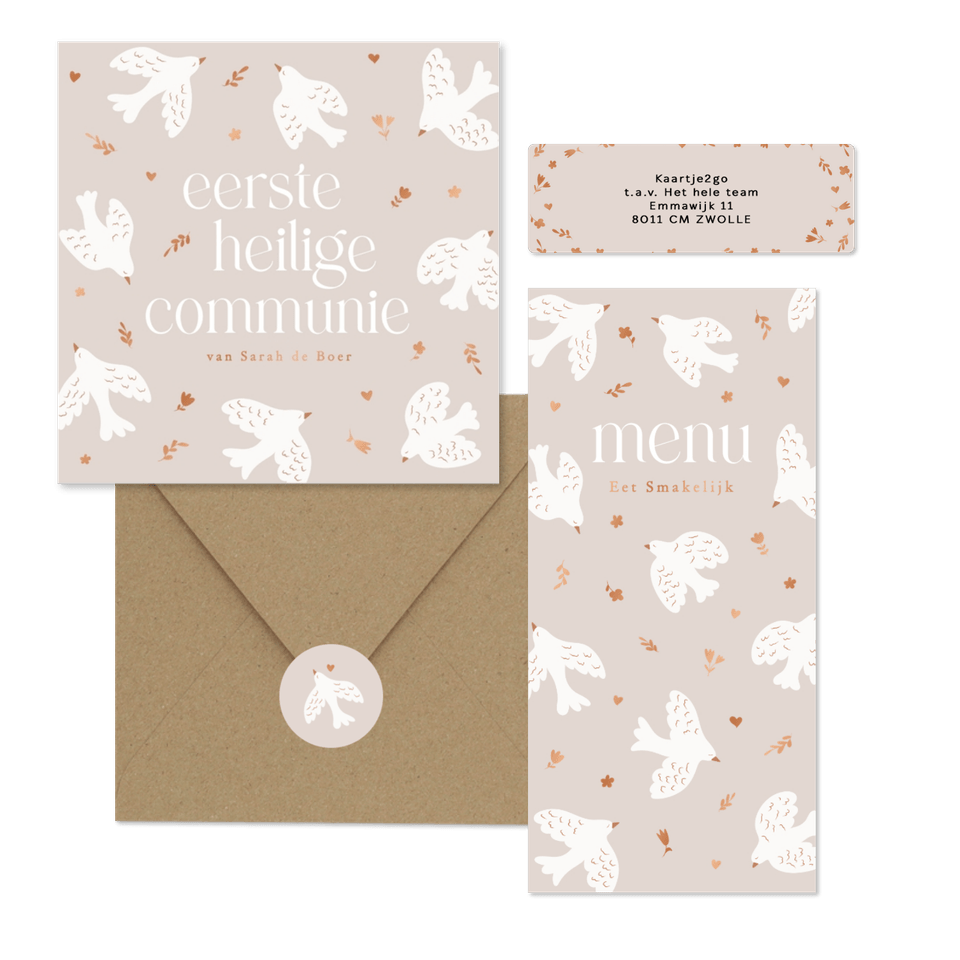 Lieve communiekaartjes beige met duifjes en bloemetjes koper