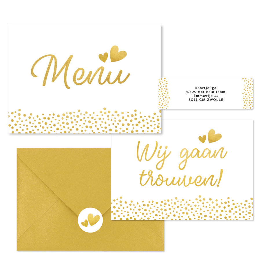 Witte trouwkaarten set met gouden stipjes